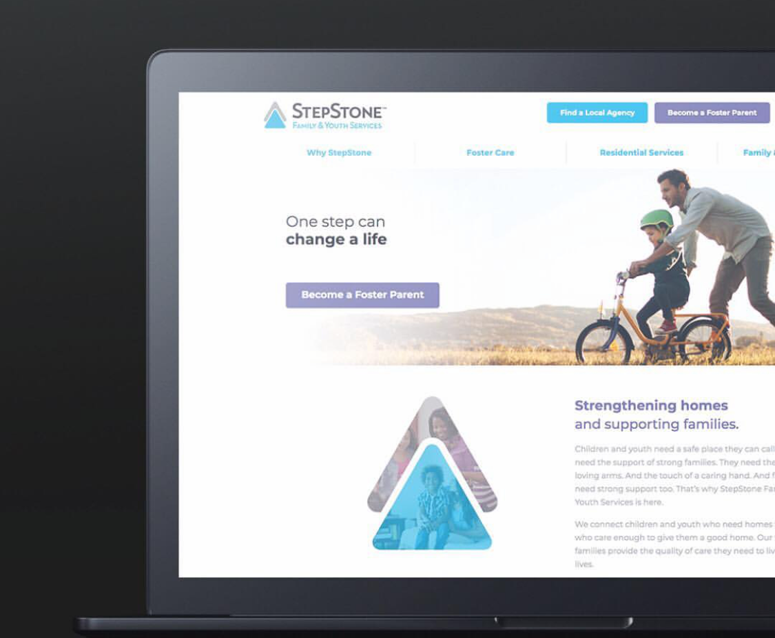 Desktop website design featuring 'One step can change a life' messaging and brand identity