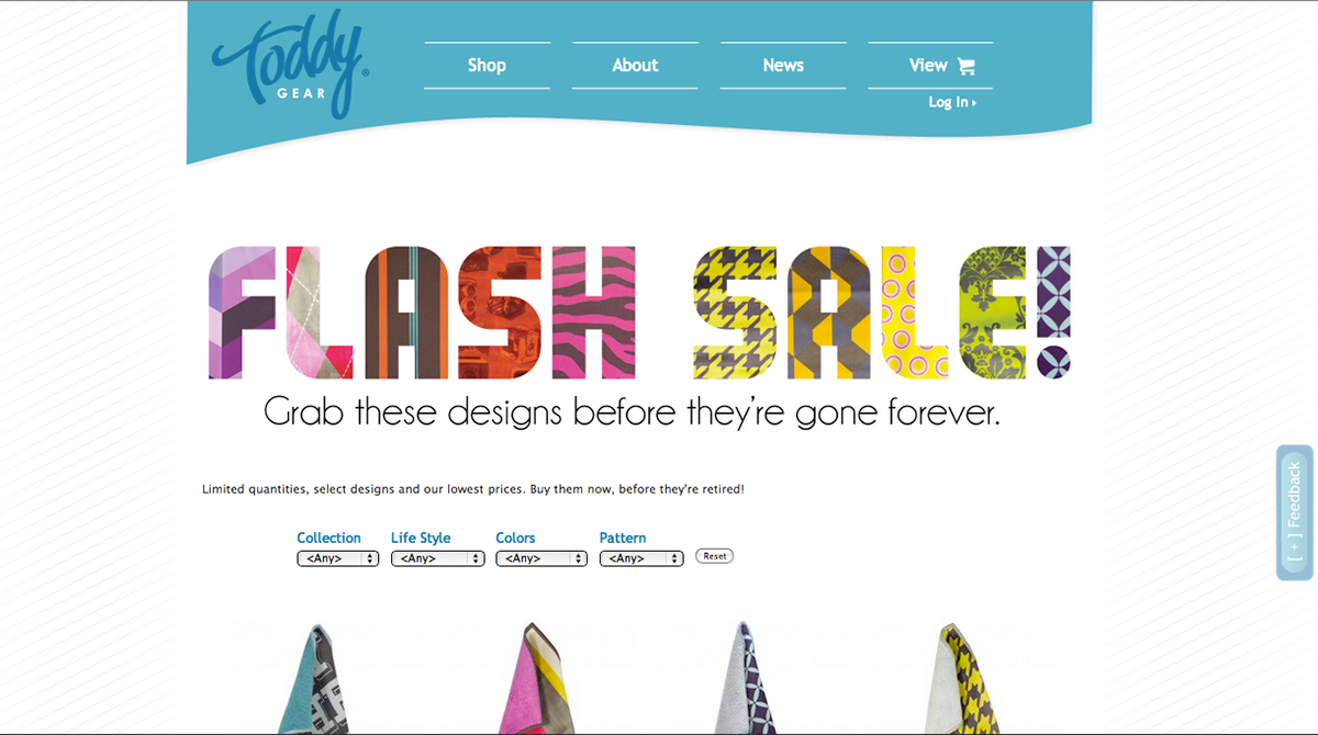 Flash Sale campaign page with pattern-filled typography and clearance designs