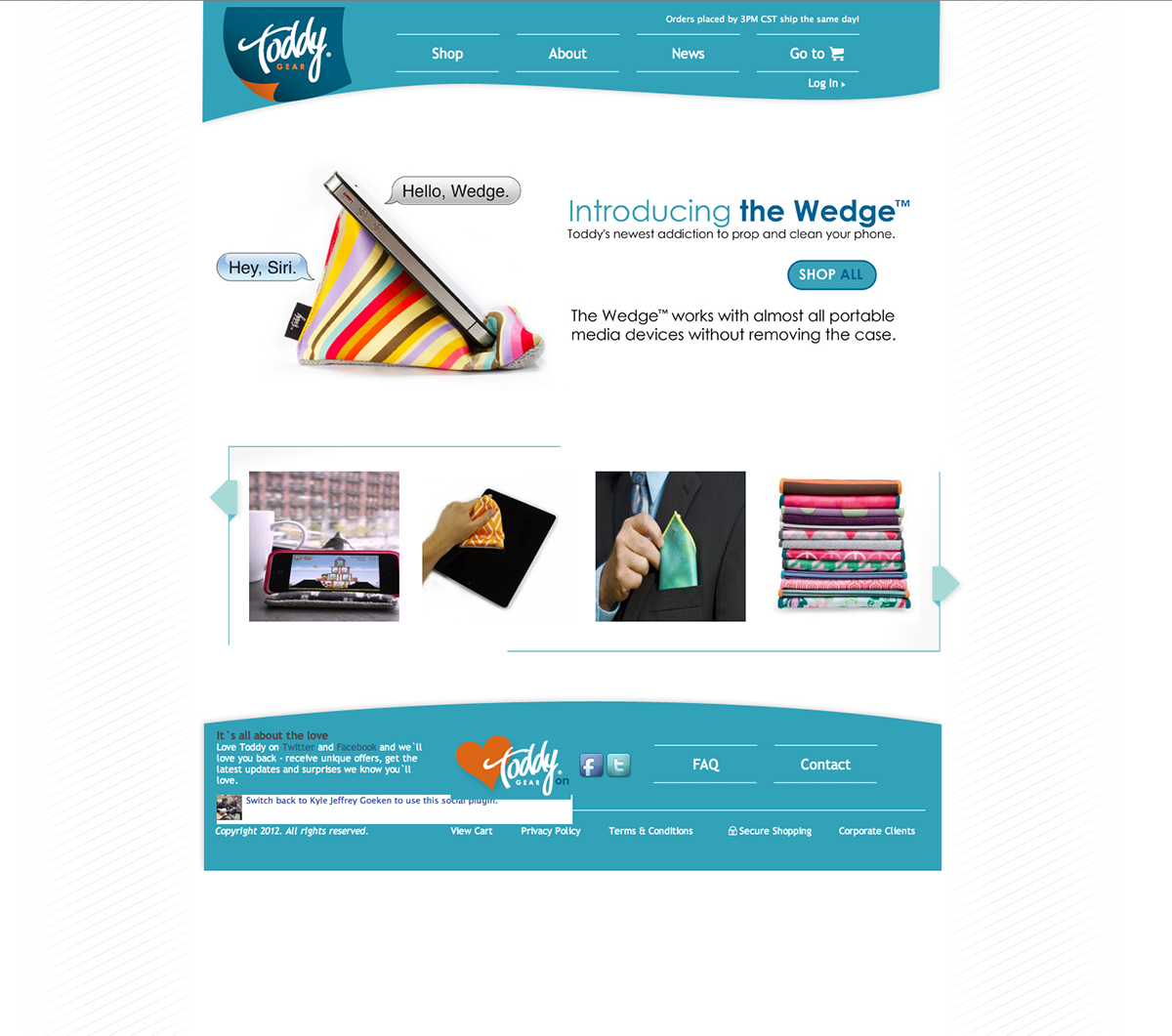 Toddy Gear homepage - Introducing the Wedge with product carousel and use cases