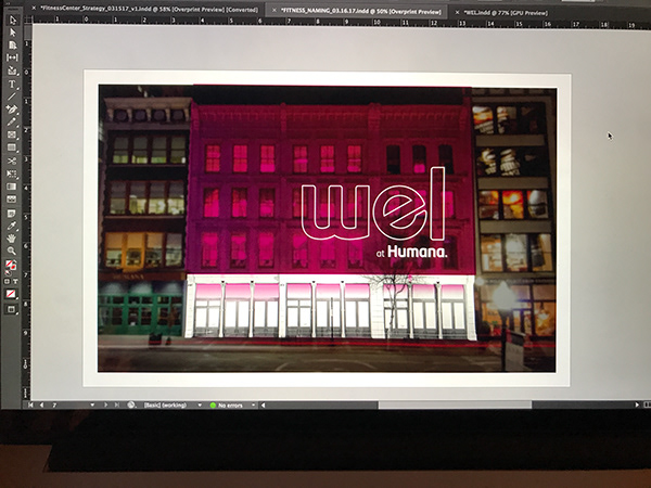 Brand development in progress - exterior signage concept design in Adobe InDesign